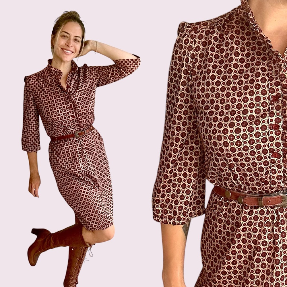 Vintage 70s Dress Geometric Ruffle Victorian Collar Maroon Medium Large